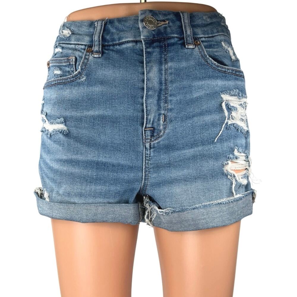 American Eagle Super Stretch Blue Distressed High Waisted Denim Jean Shorts 4